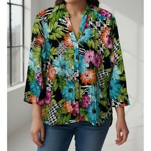 Alfred Dunner Womens 18 Floral Tropical Cotton Button Up Blouse 3/4 Sleeve Multi